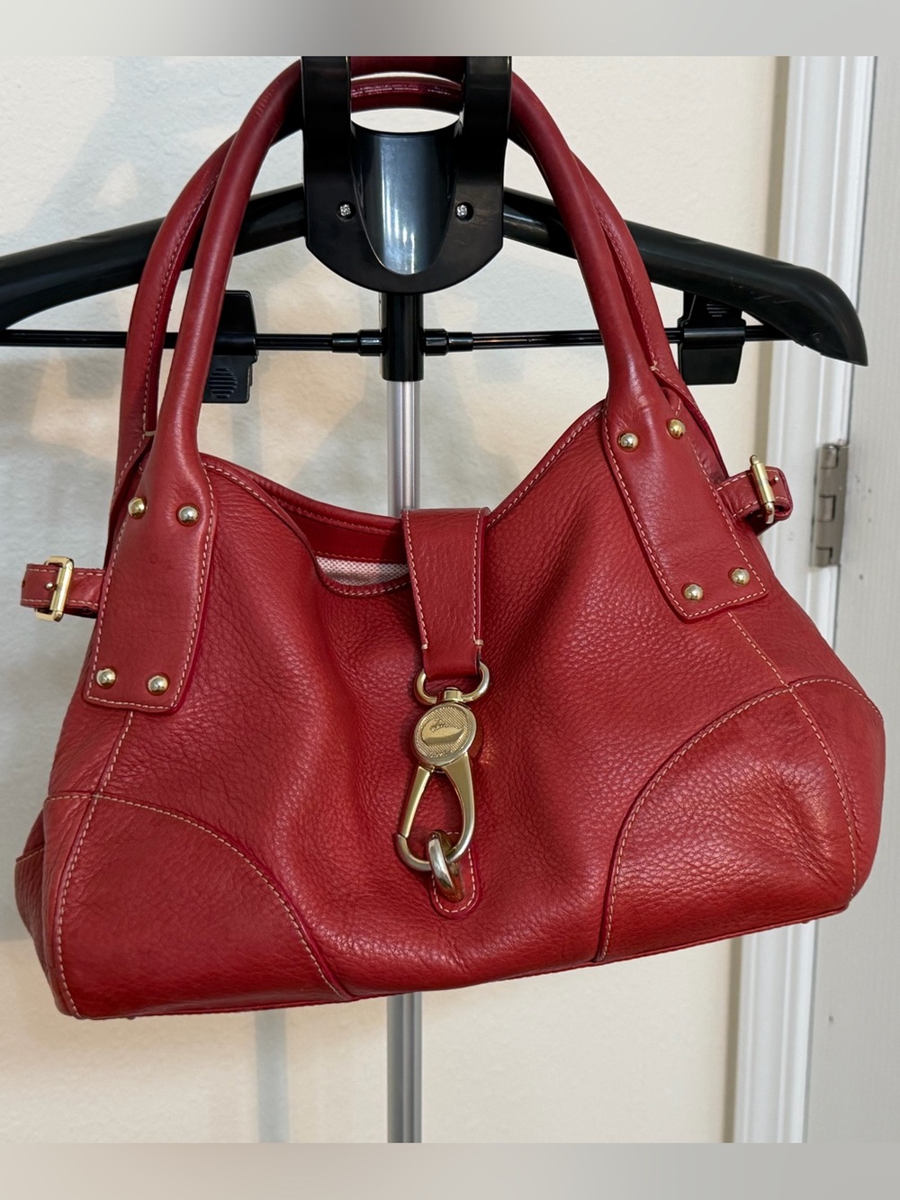 Dooney & Bourke Raspberry Leather Shoulder Bag with Gold Hardware Accent